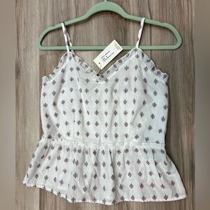 Women’s White Peplum Top with Red/Navy Blue Embroidered Pattern Medium